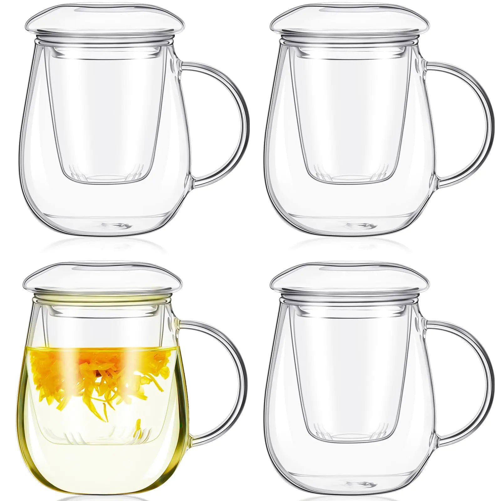 Glass Infusion Tea Mug Set (4-Piece) – 16.9 oz Clear Glass Cups with Infuser & Lid