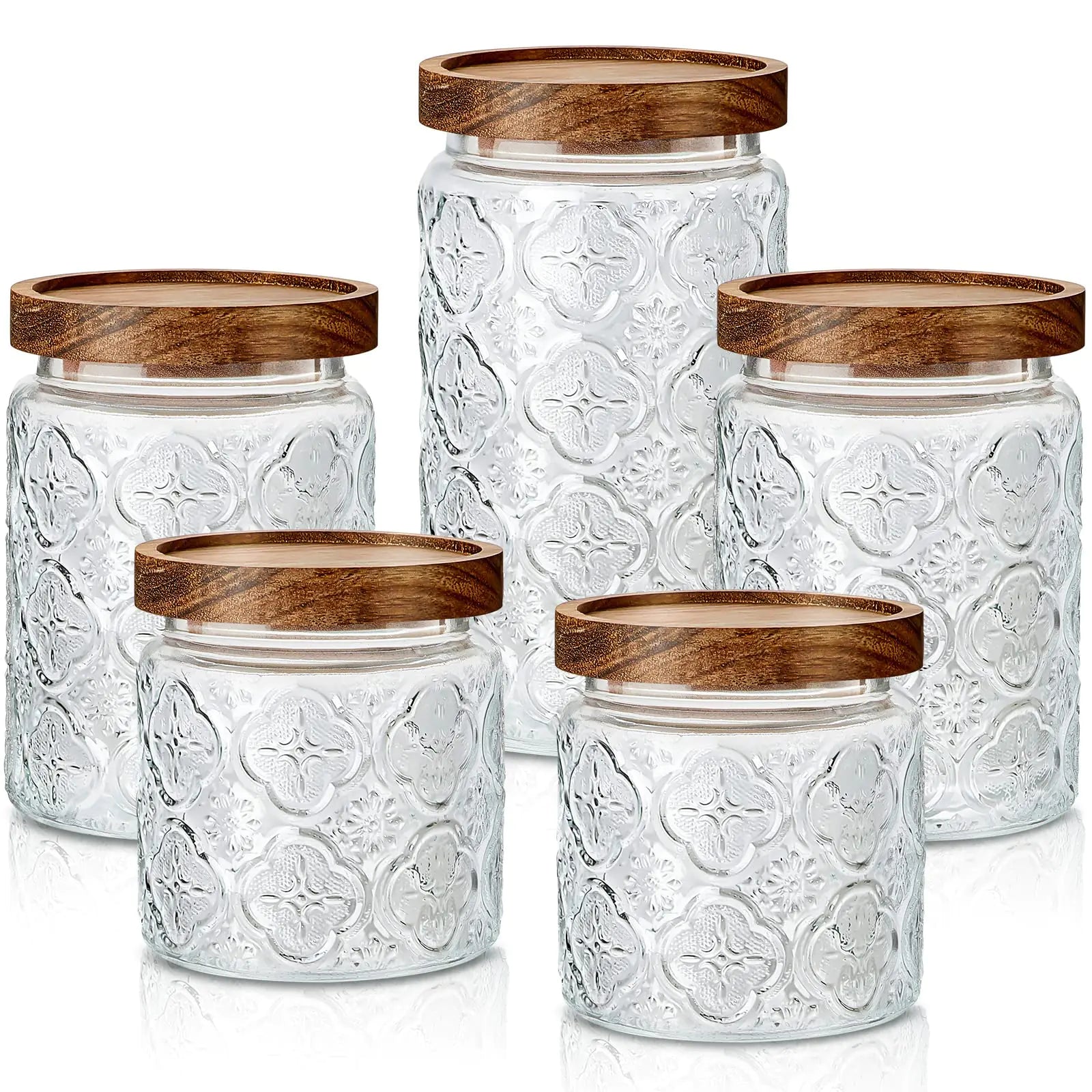 Vintage Glass Storage Jars with Bamboo Lids (5-Piece Set | 17 oz, 24 oz & 34 oz)