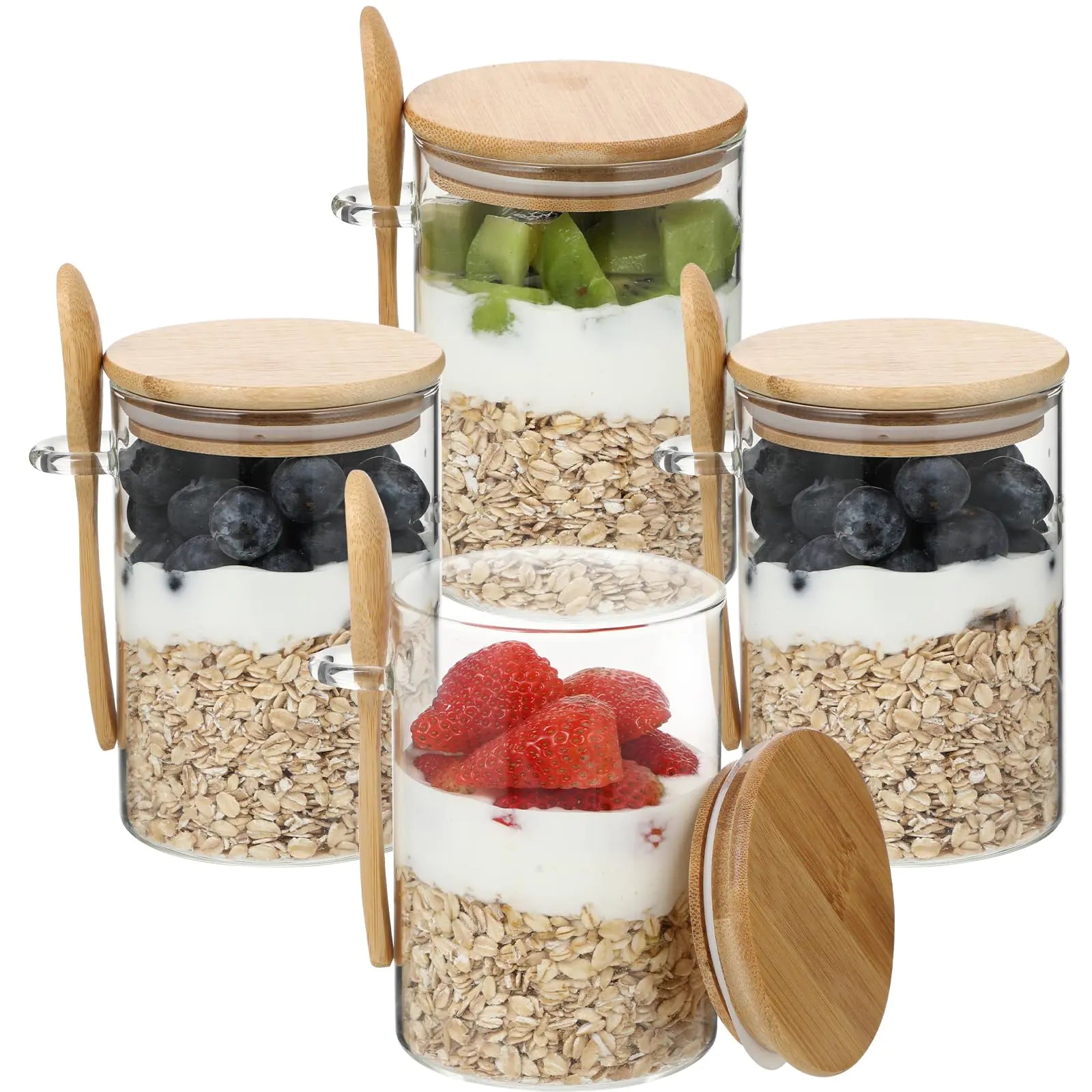 Glass Meal Prep Jars with Bamboo Lids & Spoons (4-Pack, 18 oz)