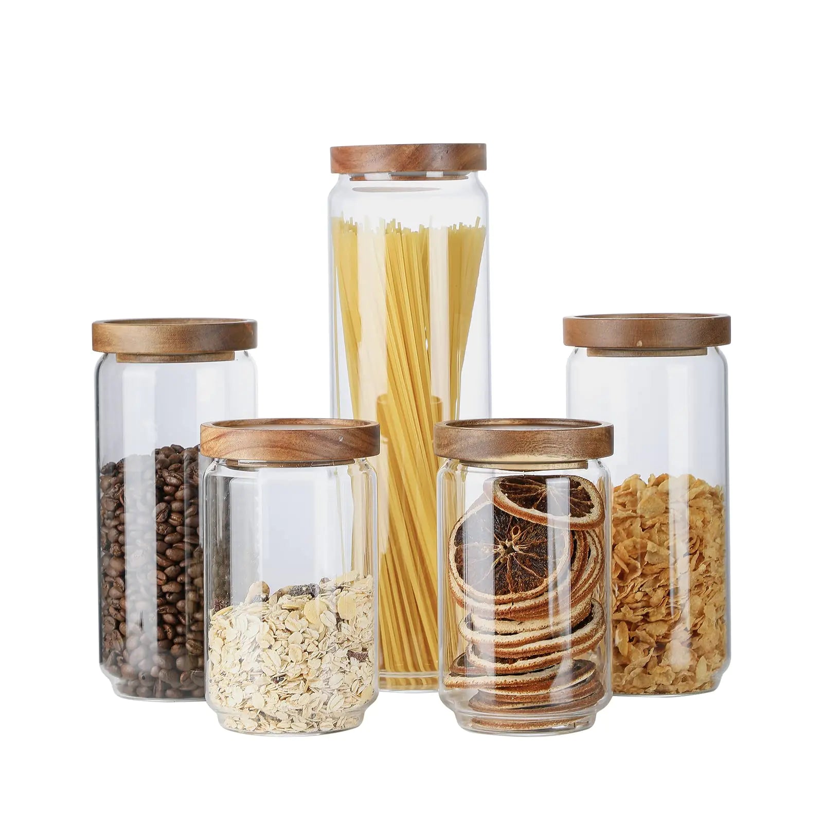 Glass Storage Jars with Acacia Wood Lids (Set of 5) – 25 oz, 34 oz & 54 oz Airtight Containers
